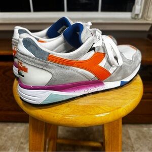 Diadora 9002 White and Orange Sneakers with Purple speckle Accents